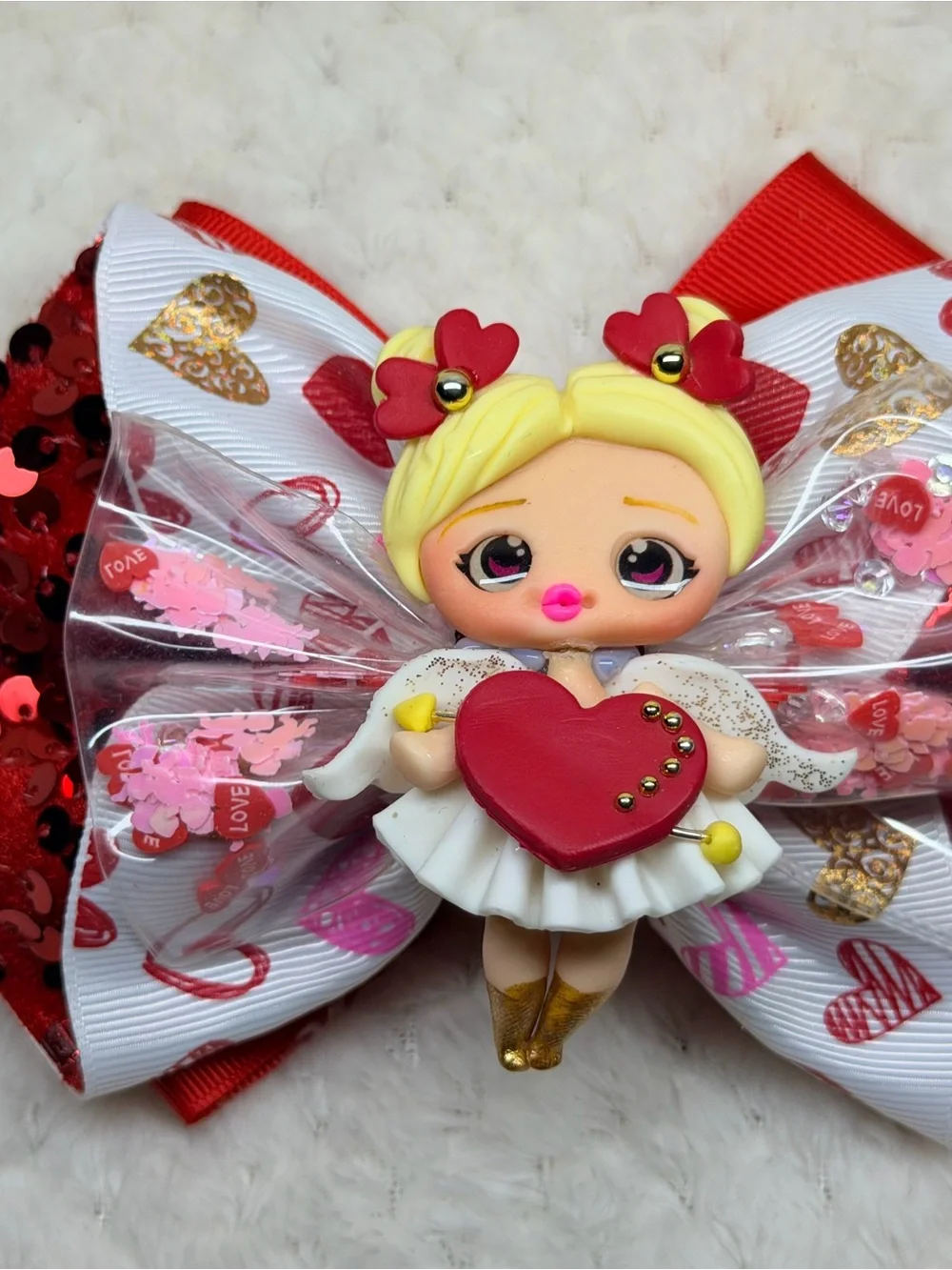 Girls Heart Princess Hair Bow - Red, White & Gold